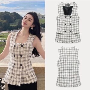 Zara Chic Black and White Plaid Sleeveless Vest